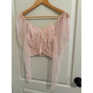 Crop top Pink cottage core fairy crop top tulle pearls PEACH SZ M